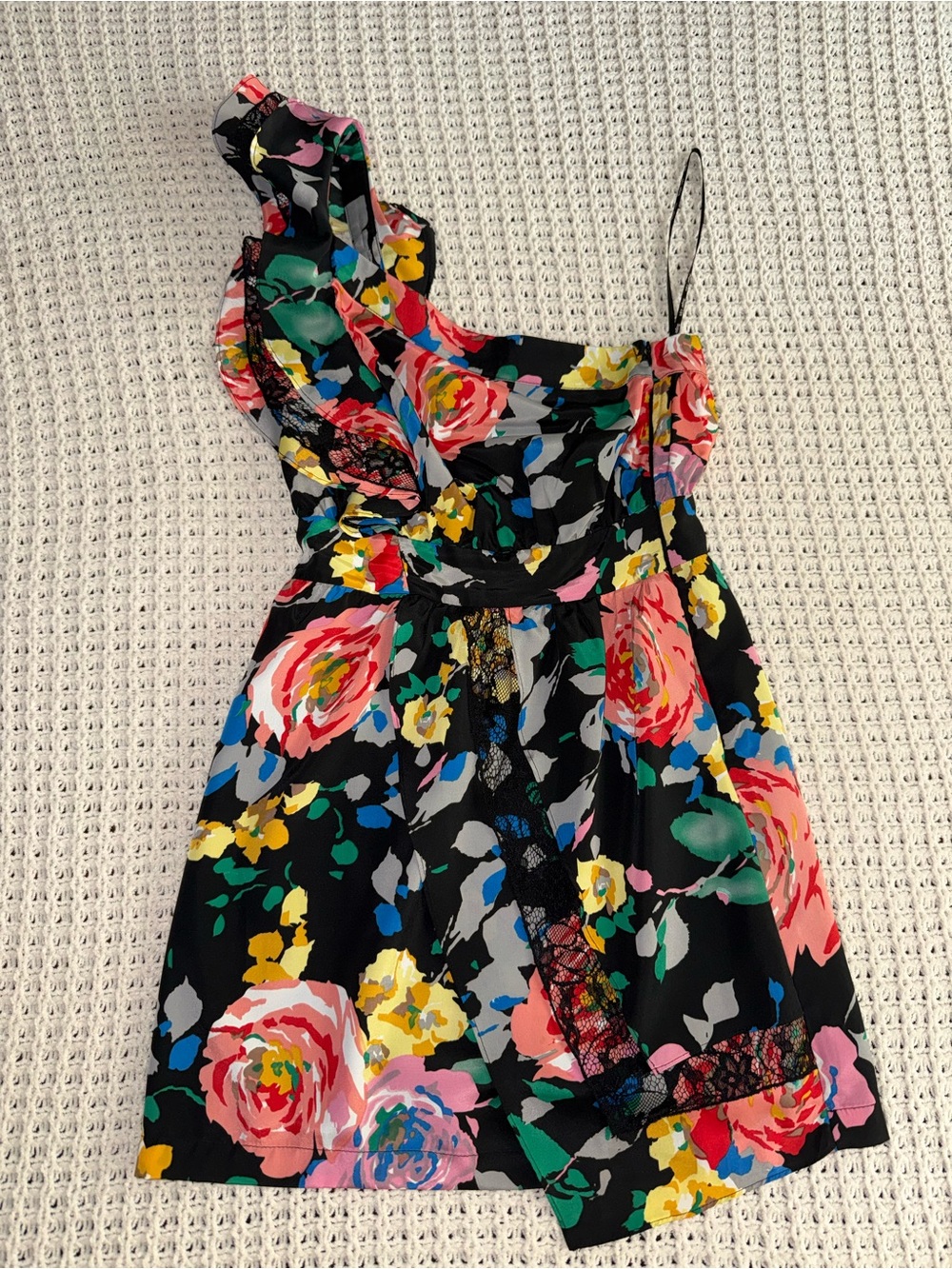 Sugarlips Black One-Shoulder Floral Dress with Bright Rose Print